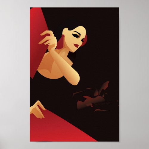 Spanish flamenco dancer with fan black and red poster