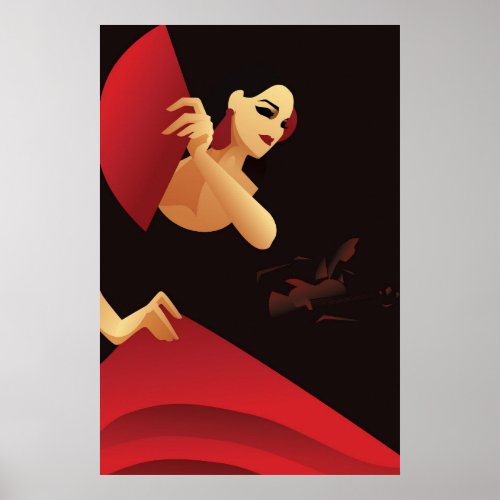Spanish flamenco dancer with fan black and red poster