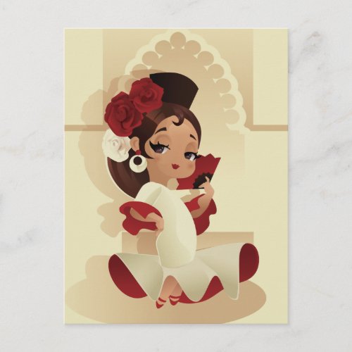 Spanish flamenco festive chibi cartoon girl postcard