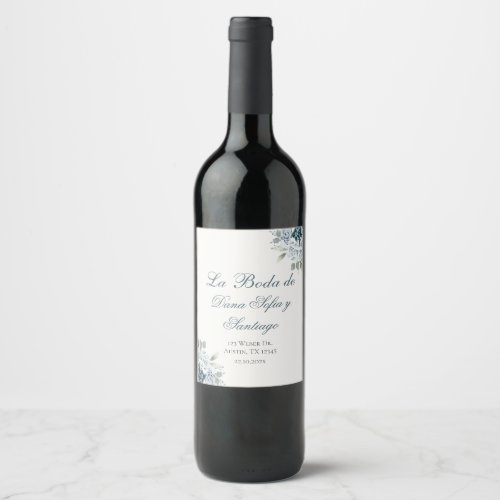 Spanish Floral Blue Wedding Wine Label