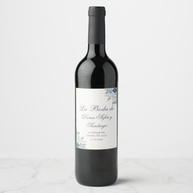 Spanish Floral Blue Wedding Wine Label (Front)