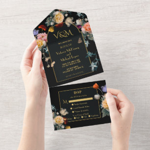 Spanish Floral Dark & Moody Wedding Initials All In One Invitation
