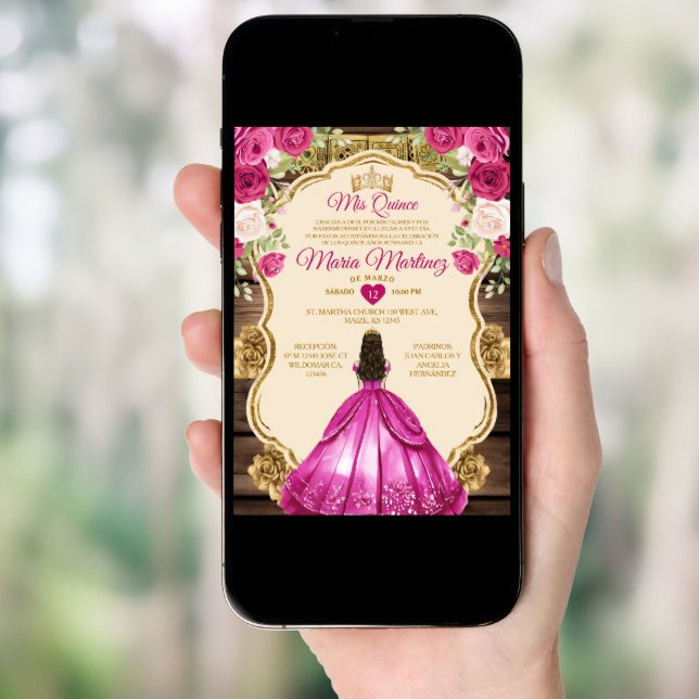 Spanish Fuchsia Pink Floral Wood Mis Quince Invitation (Front Digital)