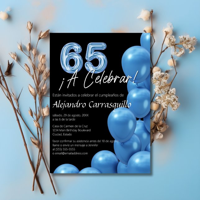 Spanish Fun Blue Balloons Black 65th Birthday Invitation (Creator Uploaded)