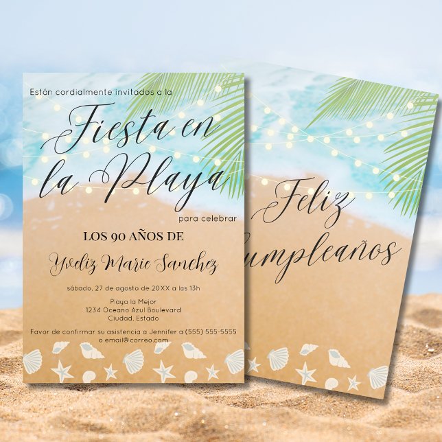 Spanish Fun Sandy Beach Lights 90th Birthday Party Invitation (Creator Uploaded)