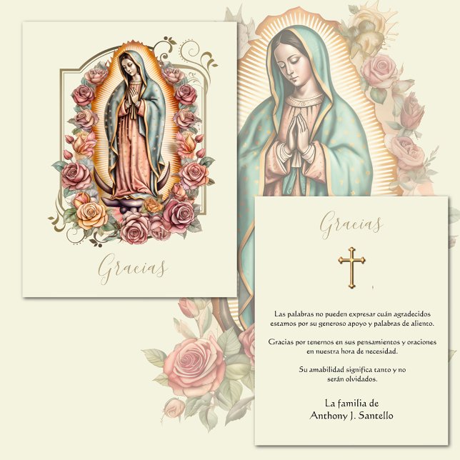 Spanish Funeral Guadalupe Religious Thank You Card (Beautiful Catholic Virgin Mary Our Lady of Guadalupe Funeral Thank You cards)