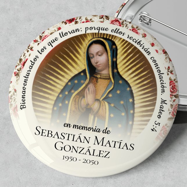 Spanish Funeral Virgen de Guadalupe  Button (Virgen de Guadalupe, Our Lady of Guadalupe, funeral keepsake, funeral badge, In Loving Memory)