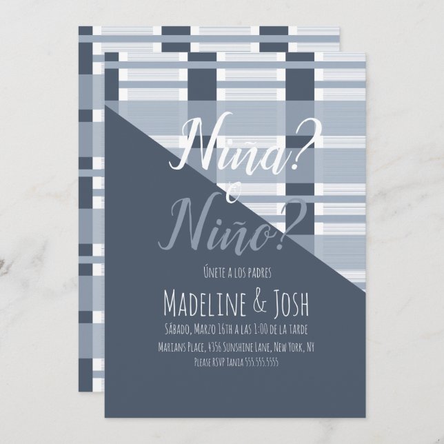 Spanish Gender Reveal Boy or Girl Plaid Blue Invitation (Front/Back)