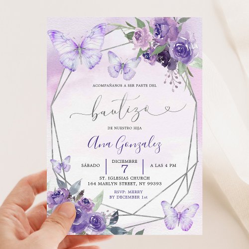 Spanish Geometric Purple Floral Butterfly Bautizo Invitation