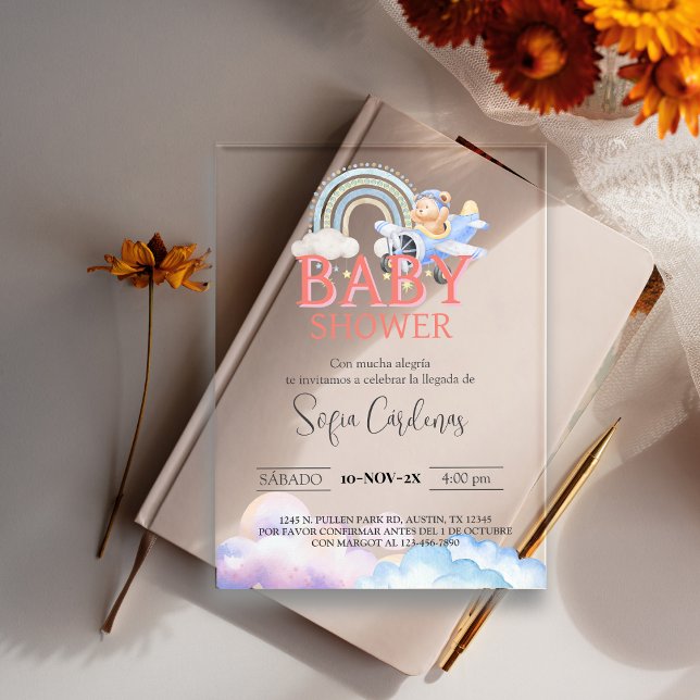 Spanish Girl Baby Shower Teddy Bear Airplane Pink Acrylic Invitations (Spanish Girl Baby Shower Teddy Bear Airplane Pink Acrylic Invitations)