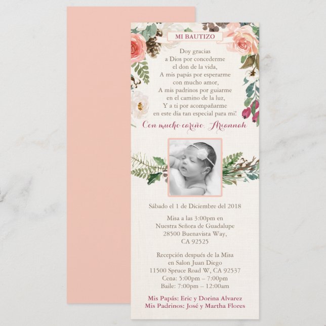 Spanish Girl Baptism Bautizo invites for Winter (Front/Back)