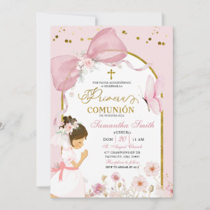 Spanish Girl Kneeling Pink Bow Primera Comunion Invitation