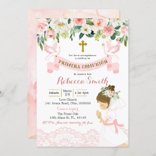 Spanish Girl Pink and Gold Primera Comunion Invitation