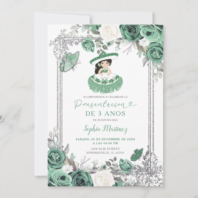Spanish Girl Sage Green Silver Presentacion 3 Anos Invitation (Front)