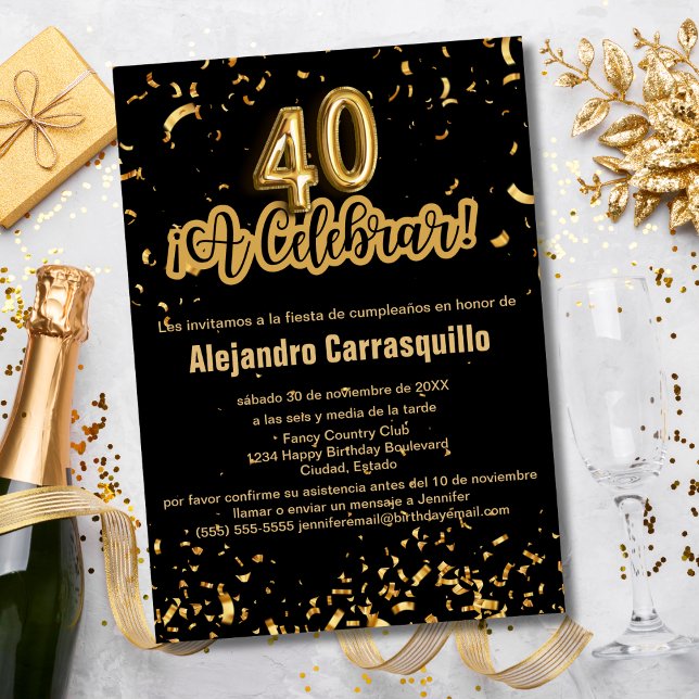 Spanish Glam Black and Gold Confetti 40th Birthday Invitation (Creator Uploaded)
