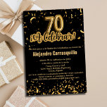 Spanish Glam Black & Gold Confetti 70th Birthday Invitation<br><div class="desc">Celebrate a remarkable milestone with this Spanish Glam Black and Gold Confetti 70th Birthday Invitation, perfect for an elegant 70th birthday party for him or her. This stunning invitation features the number "70" in golden balloons and the phrase "¡A Celebrar!" in sophisticated black and gold calligraphy, adding a touch of...</div>