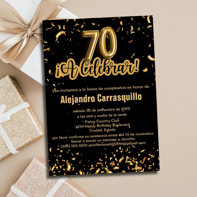 Spanish Glam Black & Gold Confetti 70th Birthday Invitation (Creator Uploaded)