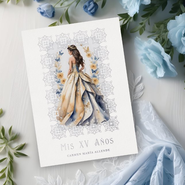 Spanish Glam Quinceañera Silver Ornate Frame Foil Invitation (Spanish Glam Quinceañera Silver Ornate Frame Foil Invitation Card.)