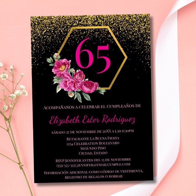 Spanish Glamorous Black Pink 65th Birthday Invitation (Creator Uploaded)