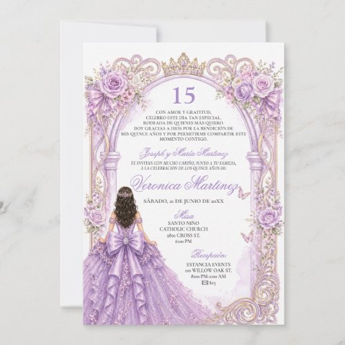 Spanish Glitter Purple Floral Princess Bow 15 Años Invitation