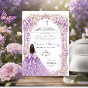 Spanish Glitter Purple Floral Princess Bow 15 Años Invitation
