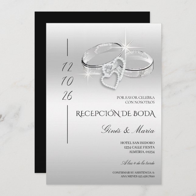 Spanish Glitzy Silver Wedding Rings Reception Invitation (Front/Back)