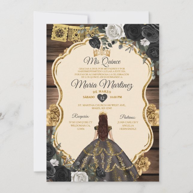 Spanish Gold & Black Floral Wood Quiñceanera Invitation (Front)