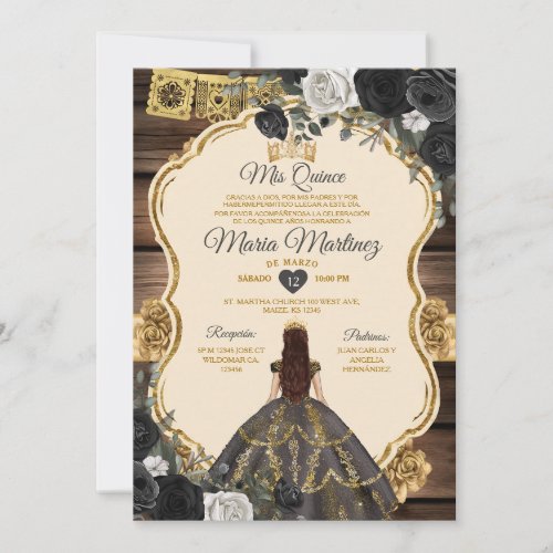 Spanish Gold  Black Floral Wood Quiceanera Invitation