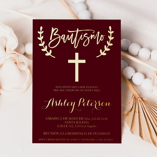 Spanish Gold burgundy red elegant script baptism Foil Invitation