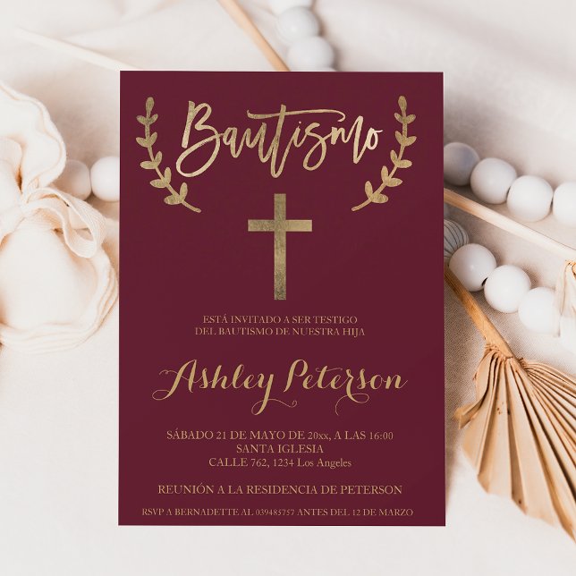 Spanish Gold burgundy red elegant script baptism Invitation (Spanish Gold burgundy red elegant script baptism Invitation)