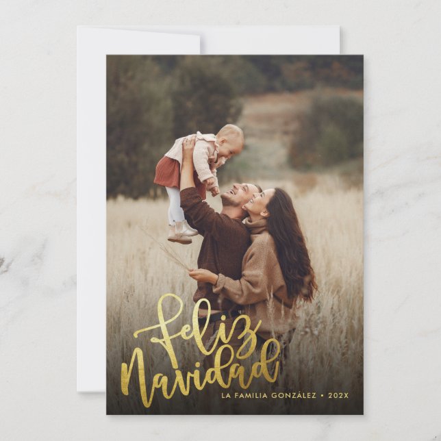 Spanish Gold Foil Script Feliz Navidad 2 Photo Holiday Card (Front)
