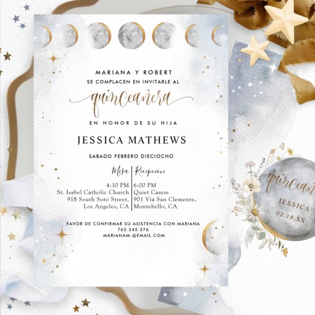 Spanish, Gold, White Silver Celestial Quinceañera Invitation (Creator Uploaded)