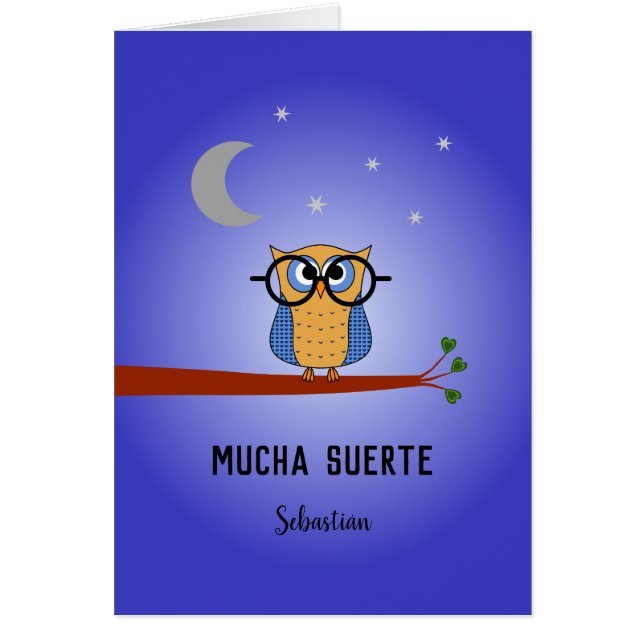 Spanish good luck personalized owl cards (Front)