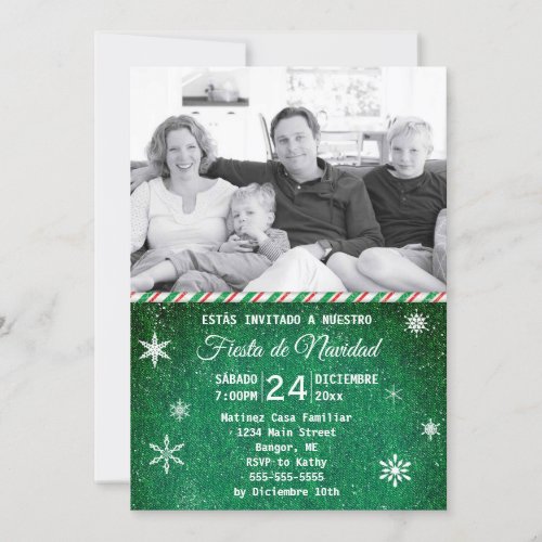 Spanish Green Denim Snowflake Photo Holiday Party Invitation