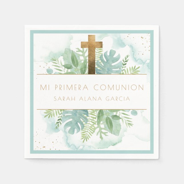 Spanish, Greenery Boy/Girl First Communion Blue Napkins (Front)