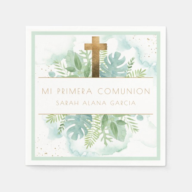 Spanish, Greenery Boy/Girl First Communion Green Napkins (Front)