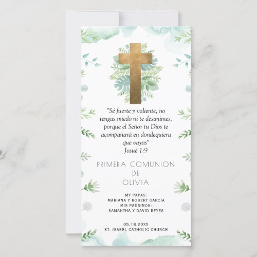Spanish Greenery First Communion Bookmark Favor Thank You Card