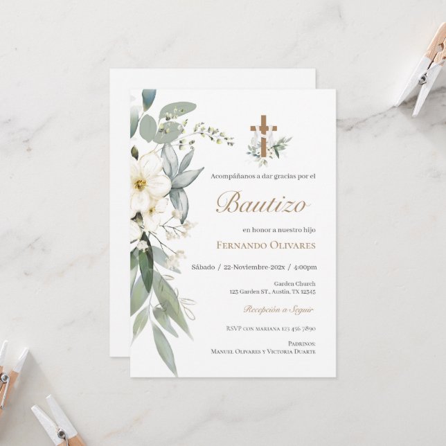 Spanish Greenery Floral Baptism  Invitation (Front/Back In Situ)