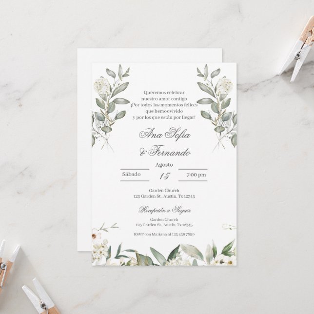 Spanish Greenery Floral Wedding Invitation (Front/Back In Situ)