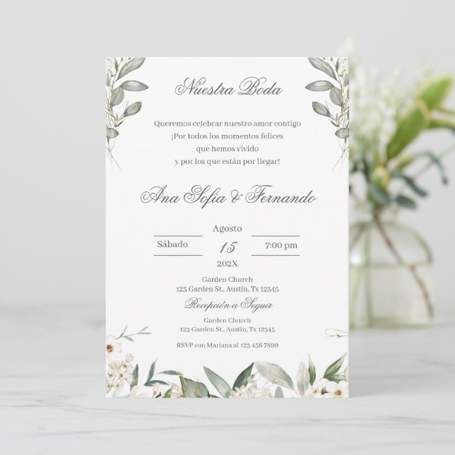 Spanish Greenery Floral Wedding Invitation (Standing Front)