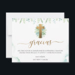 Spanish, Greenery Religious Event Thank You<br><div class="desc">Thank your guests and Godparents with style! Card in Spanish. Also available in English. Exquisite Religious Event Thank You card with gorgeous golden cross surrounded by watercolor greenery in pale green, mint, and pale blue turquoise tones. Golden "Thank You" phrase in modern hand written Calligraphy. Delicate blue turquoise and green...</div>