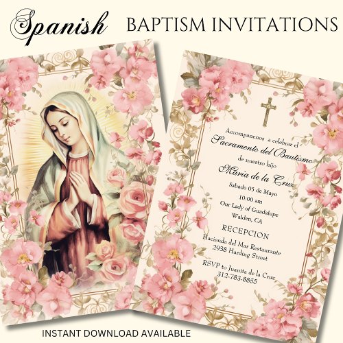 Spanish Guadalupe Baptism Pink Floral  Invitation