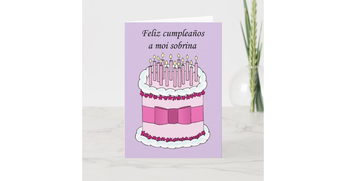 Spanish Happy Birthday Niece, cartoon cake. Card