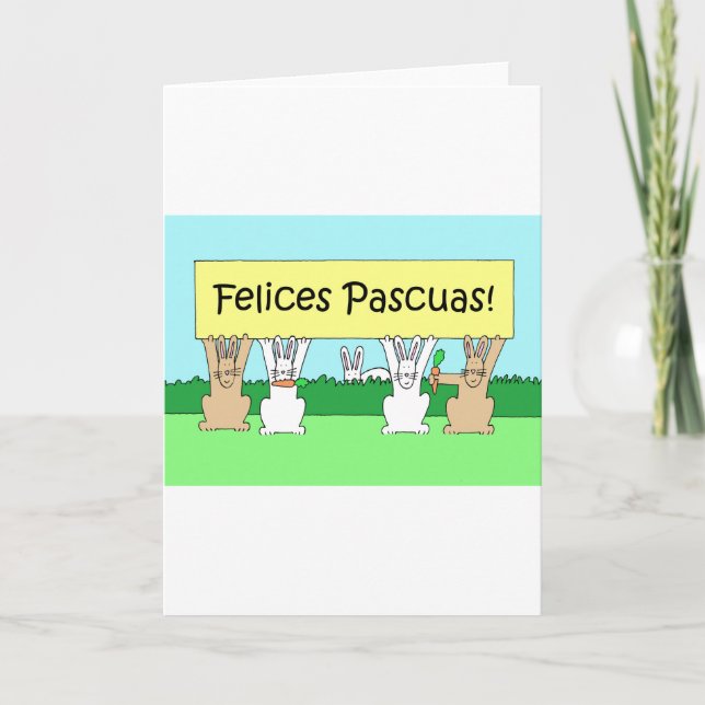 Spanish Happy Easter Cartoon Bunnies Holiday Card (Front)