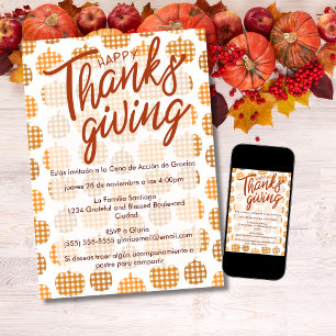 Spanish Happy Thanksgiving Checkered Pumpkins  Invitation