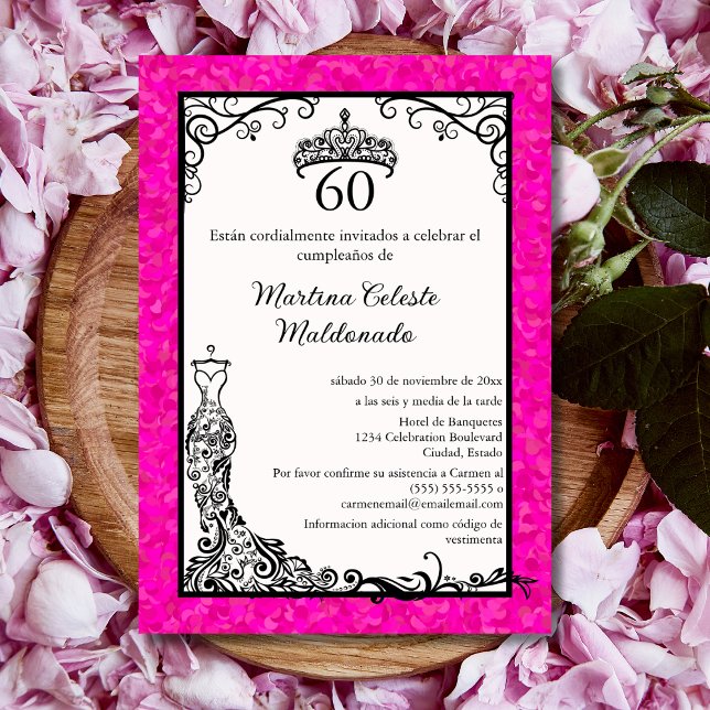 Spanish Hot Pink Black Trendy 60th Birthday Party Invitation (Creator Uploaded)