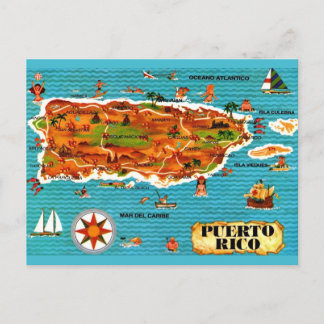 Spanish Illustrated Puerto Rico Map Postcard