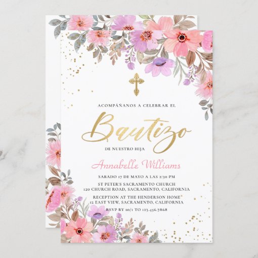 Spanish Invitacion De Bautizo Floral Baptism Invitation | Zazzle