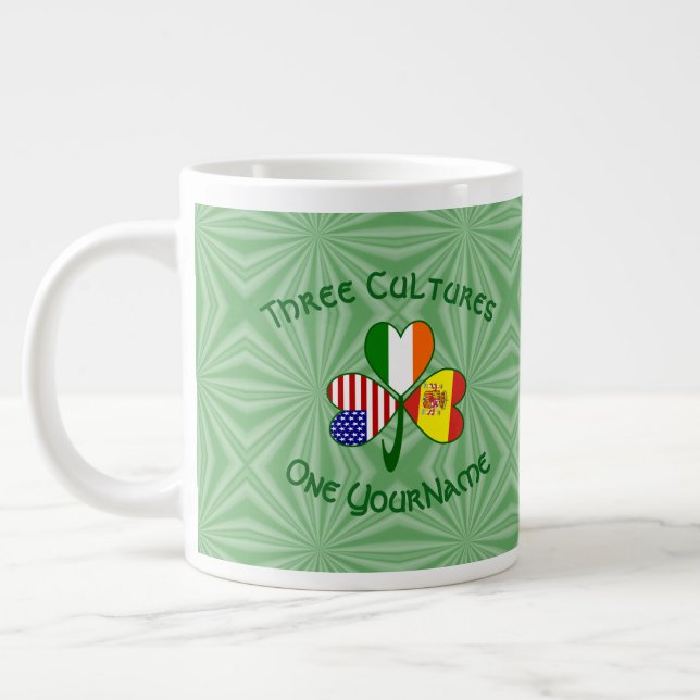 Spanish Irish American Flag Shamrock Personalize  Giant Coffee Mug (Left)