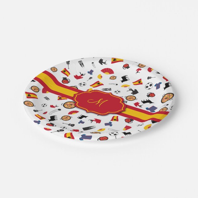 Spanish items with flag to add your monogram paper plates (Angled)